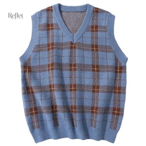 Pull vintage sans manche à carreaux pour homme