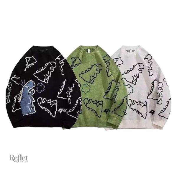 Pull homme, style vintage avec graphisme dinosaure