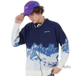 Pull en laine homme, motif montagne, look rétro