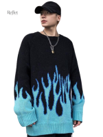 Pull noir avec design flamme bleue, mode rétro masculine