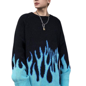 Pull noir avec design flamme bleue, mode rétro masculine
