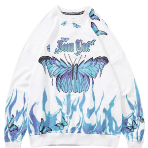 Pull vintage femme bleu avec motif papillon élégant