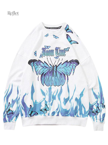 Pull vintage femme bleu avec motif papillon élégant