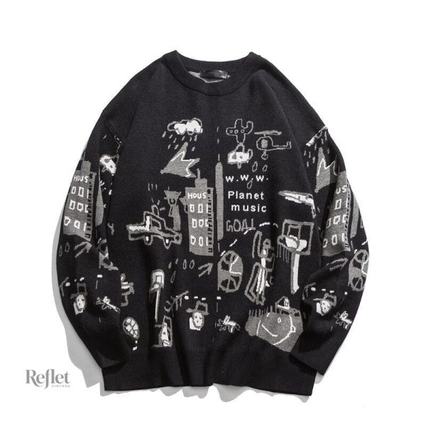 Pull vintage, style décontracté masculin, couleurs variées.