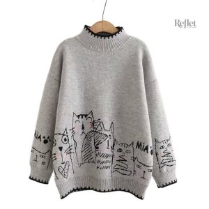 Pull vintage gris et noir pour femme
