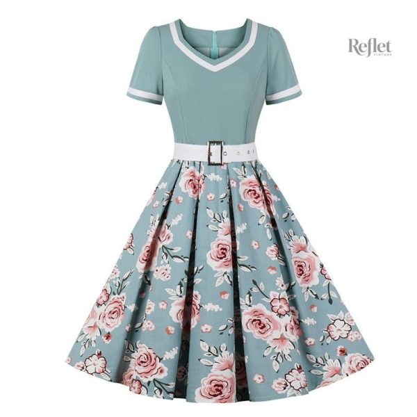 robe-annee-50-bleu-ciel-fleurie-1 Robe année 50 bleu ciel fleuri