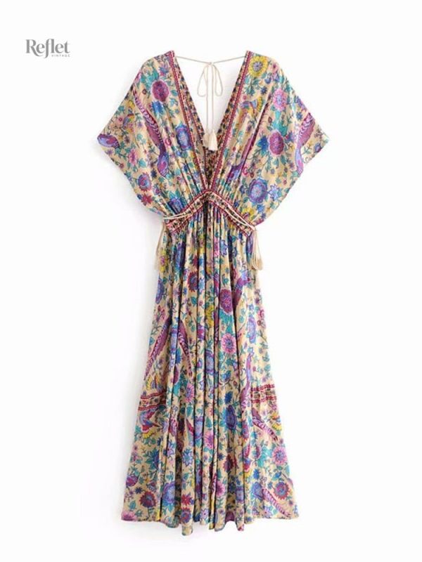 Robe longue à motifs floraux, tendance 70