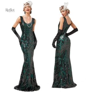 Robe Longue Verte Année 20, style vintage élégant