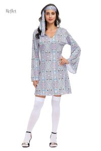 Robe rétro années 70, motifs colorés et féminins