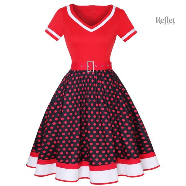 Robe bleue années 50, détails pois blancs