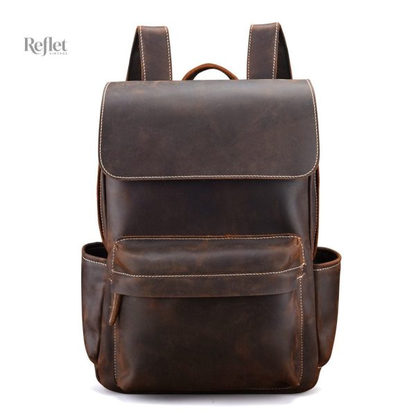 Sac à dos rétro en cuir véritable avec poches pratiques