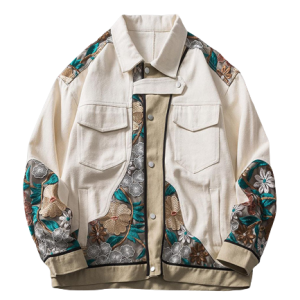 Veste en jean brodée avec motifs floraux pour femme